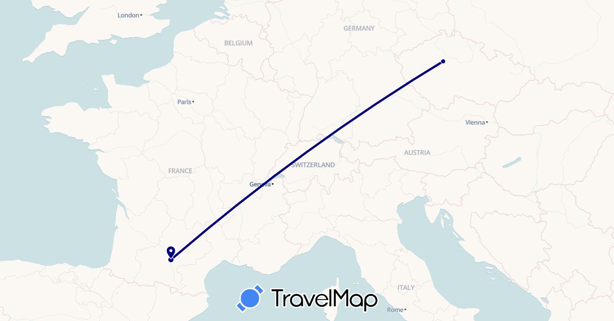 TravelMap itinerary: driving in Czech Republic, France (Europe)
